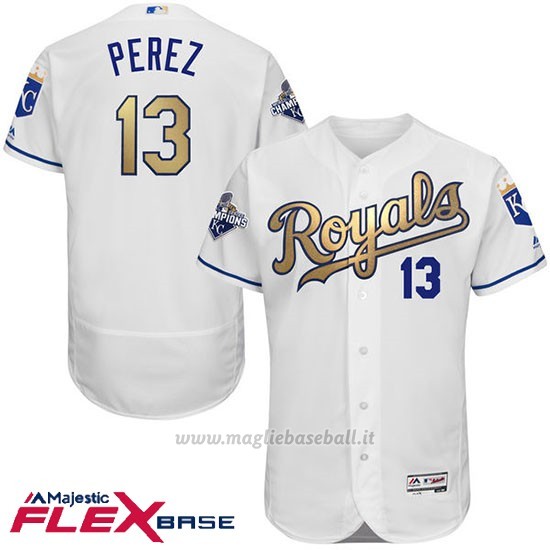 Maglia Baseball Uomo Kansas City Royals Salvador Perez World Series Campione Or Program Bianco Flex Base